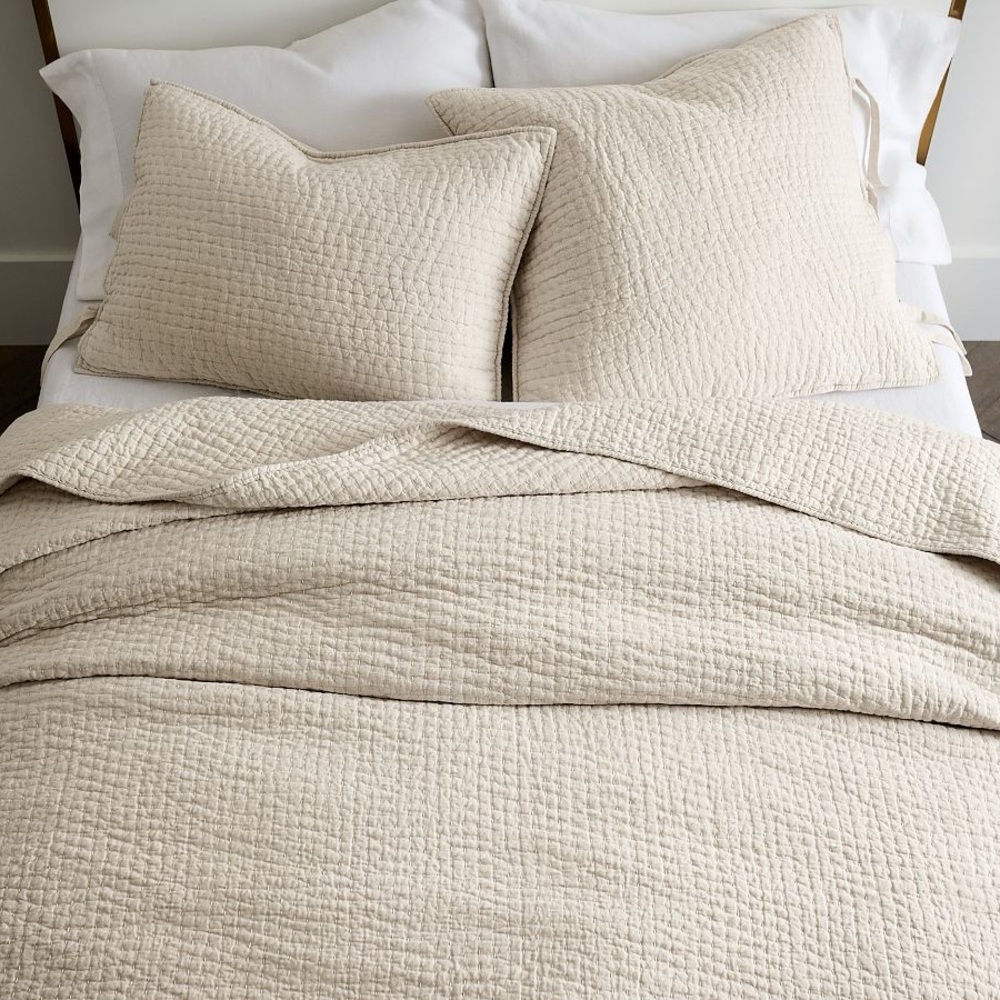 Pottery Barn Pick-Stitch Handcrafted Cotton/Linen Quilted Euro Sham in Flax - Picture 3 of 6